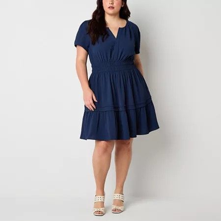 Photo 1 of Be by CHETTA B Womens Short Sleeve Fit + Flare Dress Plus, 1x, Blue
