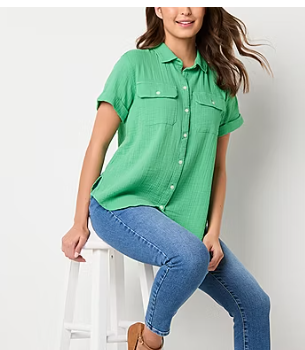Photo 1 of a.n.a Womens Short Sleeve Fitted Sleeve Regular Fit Tall Button-Down Shirt Med Tall 