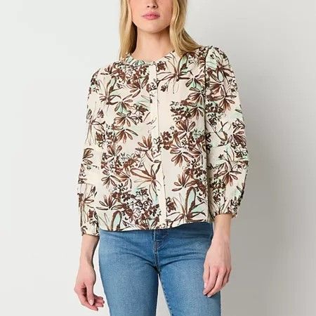 Photo 1 of A.n.a Womens Split Crew Neck Long Sleeve Blouse, Petite Small, Green