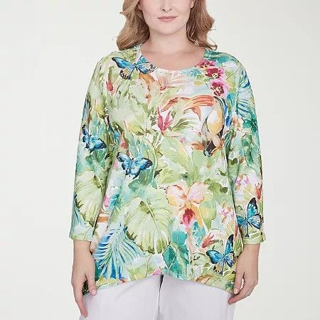 Photo 1 of Alfred Dunner Parrot Cay Womens Plus Crew Neck 3/4 Sleeve T-Shirt, 2x, Green
