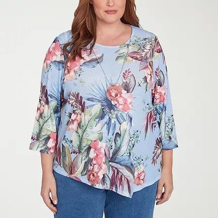 Photo 1 of Alfred Dunner Plus Free Spirit Womens Crew Neck 3/4 Sleeve Tunic Top, 1x, Blue