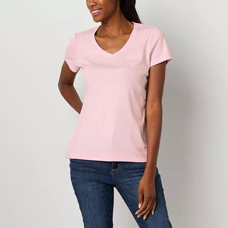 Photo 1 of St. John's Bay Womens V Neck Short Sleeve T-Shirt, Petite Medium, Pink