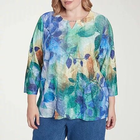 Photo 1 of Alfred Dunner Classics Womens Plus Crew Neck 3/4 Sleeve T-Shirt, 1x, Green