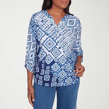 Photo 1 of Alfred Dunner Free Spirit Womens Split Crew Neck 3/4 Sleeve T-Shirt, Small, Blue