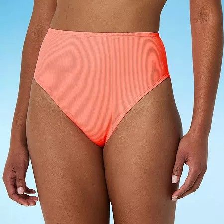 Photo 1 of Decree Womens Lined Textured High Waist Bikini Swimsuit Bottom Juniors, Large, Orange