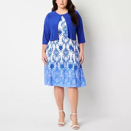 Photo 1 of Danny & Nicole Women's Damask Jacket Dress Plus, 1x, Blue

