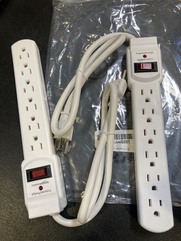 Photo 1 of Amazon Basics Surge Protector Power Strip, 6-Outlet with 200J Protection, 2ft Extension Cord, Rectangle, White (2 Pack)