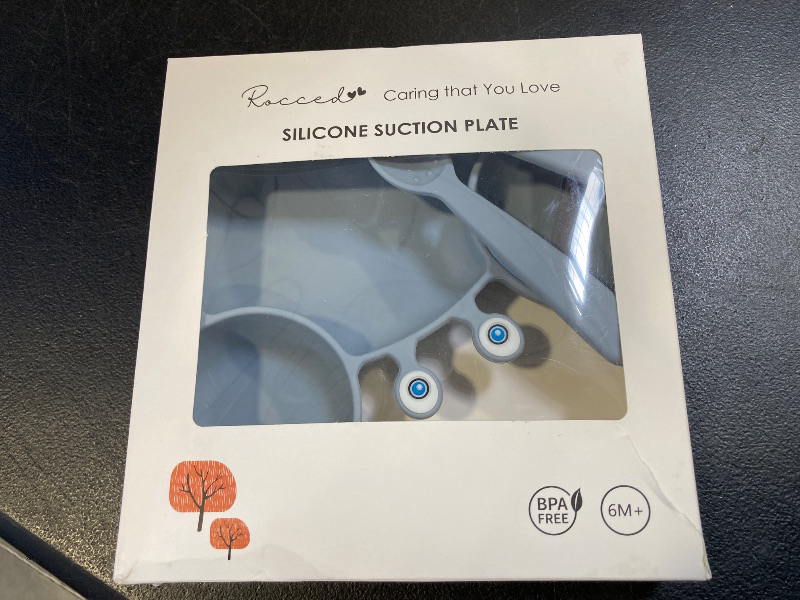 Photo 1 of ROCCED Suction Plates for Baby, Silicone Plates with Suction Divided, Baby Spoon Fork Set for Toddler Baby Dishes Kids Utensils-Crab Dusty Blue