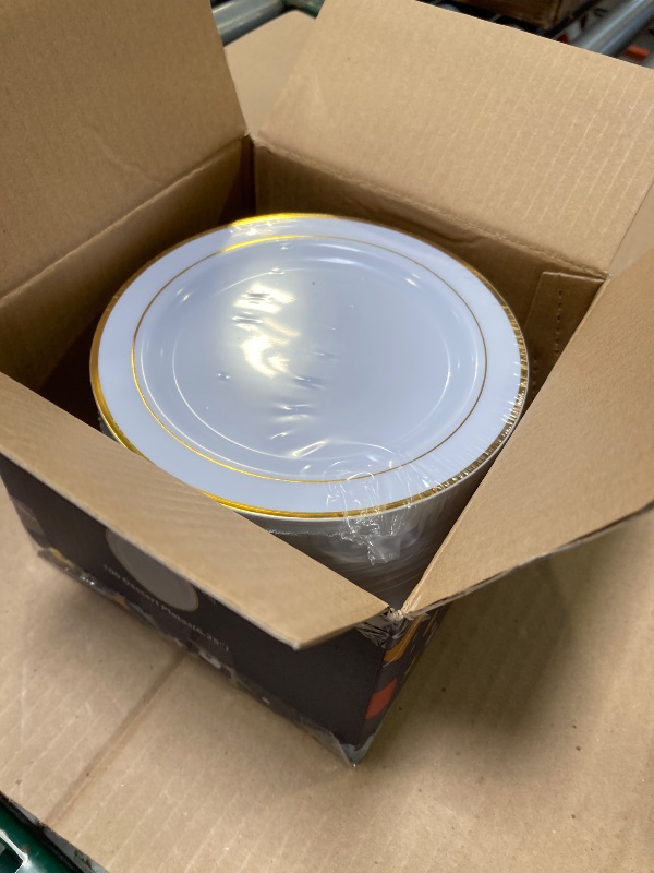 Photo 1 of bUCLA 100Pieces Gold Plastic Plates - 6.25inch White with Gold Rim Disposable Salad/Dessert/Appetizer/Small Cake Plates Premium Hard - Ideal for Wedding & Party