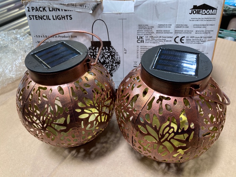 Photo 1 of JOIEDOMI 2 Pack Outdoor Solar Hanging Lantern Lights, Waterproof Tabletop with Handle, LED Moroccan Lanterns, Metal Decorative Garden Solar Lights for Patio, Lawn, Porch, Backyard