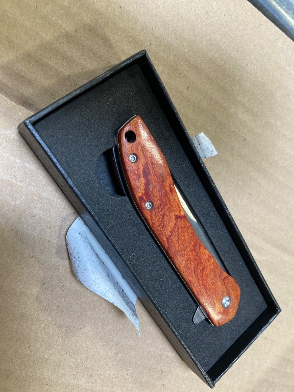 Photo 1 of Benkey Folding Pocket Knife, Sharp and Solid D2 Blade Wood Handle, Flipper Camping Folding Knife with Liner Lock Good for EDC Outdoor Survival Camping Collection