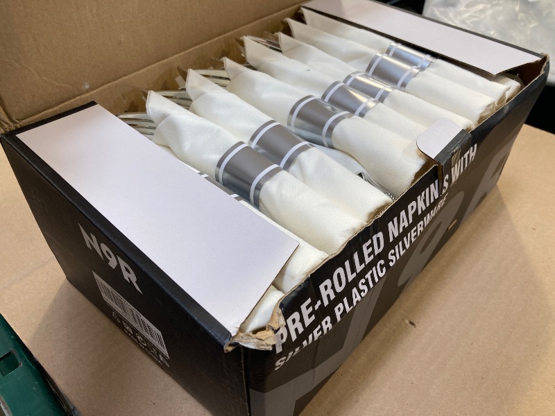 Photo 1 of N9R 50 Pack Pre Rolled Silver Plastic Cutlery Set, 50 Forks, 50 Knives, 50 Spoons, 50 Napkins, Disposable Cutlery Set for Party and Wedding