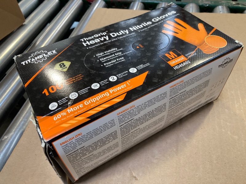 Photo 1 of TitanFlex ThorGrip Heavy Duty Industrial Orange Nitrile Gloves, 8-mil, Gloves Disposable Latex Free with Raised Diamond Texture Grip, Powder Free, Rubber Gloves, Mechanic Gloves,100-ct Box (Medium)