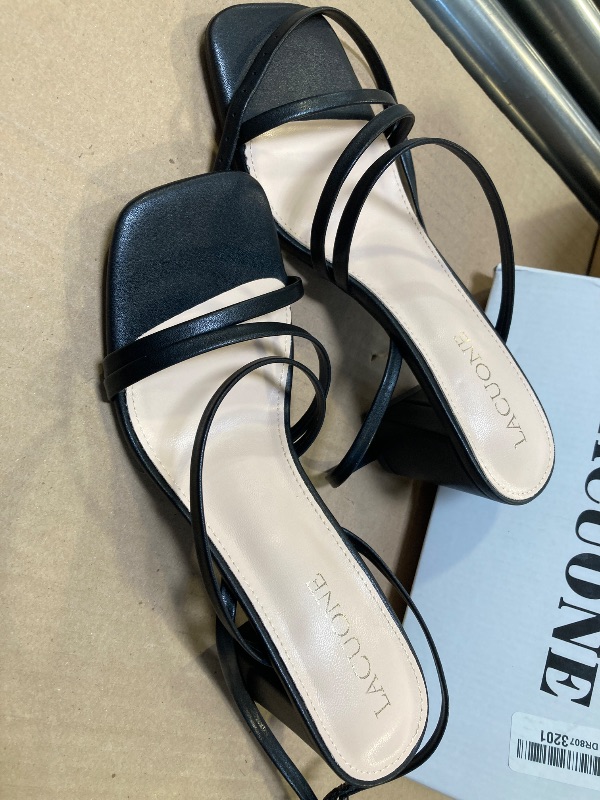 Photo 1 of LACUONE Strappy Heels for women Block Heels Square Toe Chunky Ankle Buckle Pump Heeled Sandals (7.5,Black)