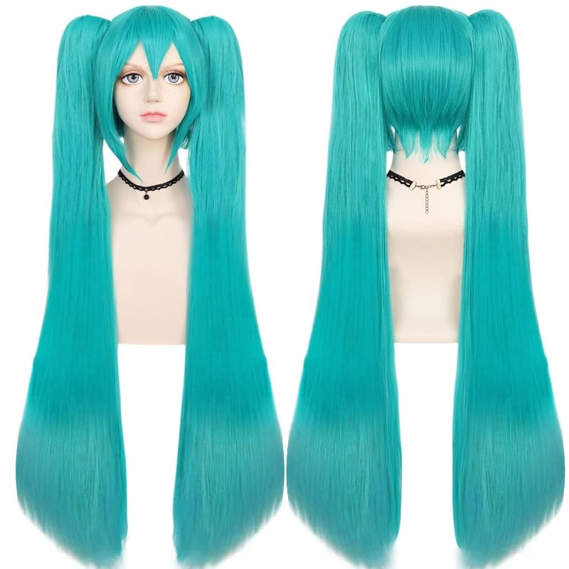 Photo 1 of 1PC--ANOGOL Hair Cap+48inch/120cm Green Wig Cosplay Green Teal wig Double Ponytail Wig, Long Green Lolita Wig For Halloween Costume, Long Green Wig With Bangs Straight wig For Halloween Party Cosplay Wig