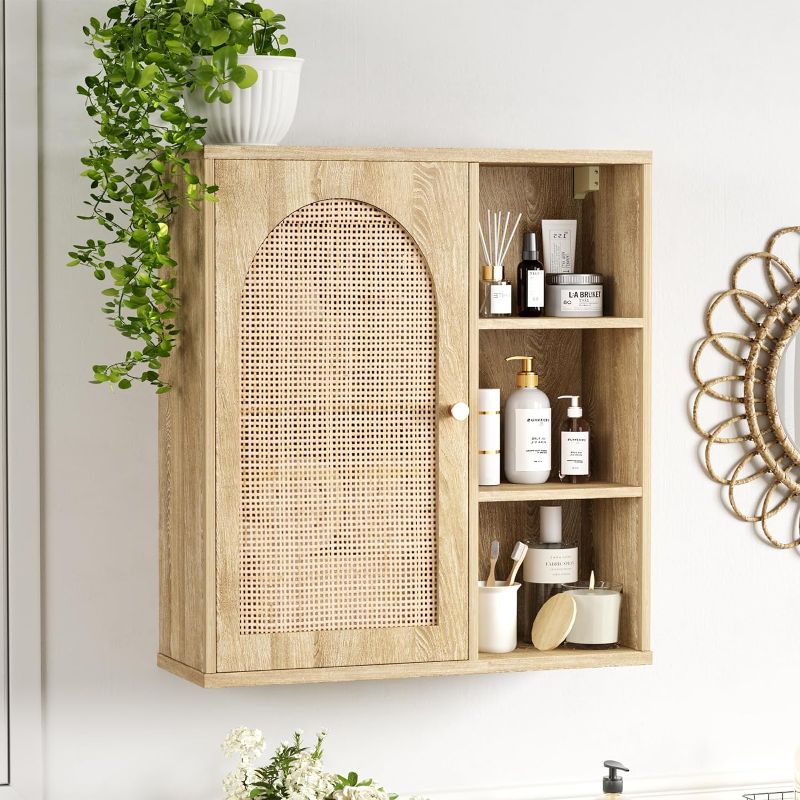 Photo 1 of Rattan Bathroom Wall Cabinet with Door, Boho Medicine Wall Cabinets with Adjustable Shelves, Tall Kitchen Wall Mounted Storage Cabinet, Floating Hanging Cabinet Space Saver for Laundry Room, Natural
