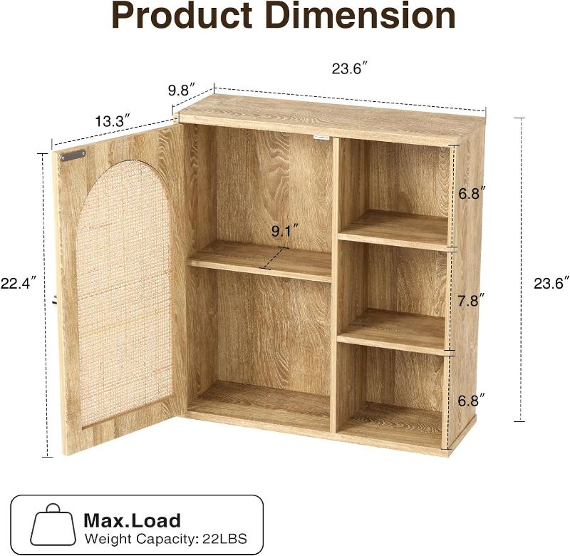Photo 1 of Rattan Bathroom Wall Cabinet with Door, Boho Medicine Wall Cabinets with Adjustable Shelves, Tall Kitchen Wall Mounted Storage Cabinet, Floating Hanging Cabinet Space Saver for Laundry Room, Natural
