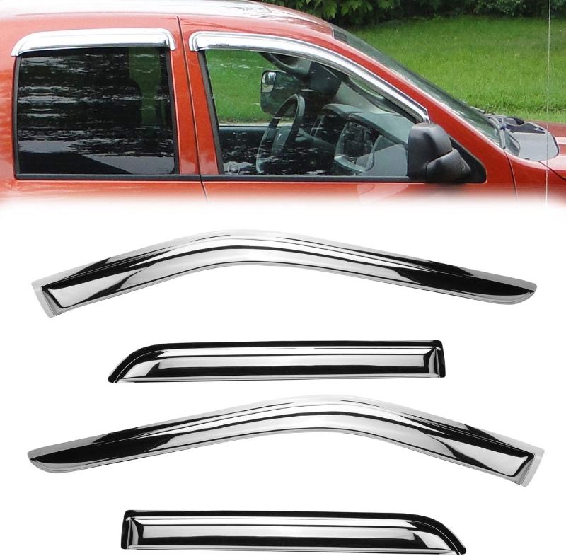 Photo 1 of 94309Y Chrome Side Window Visor Wind Vent Deflector,4pc Outside Mount Style Shade Sun Rain Guards Set fit for 2007-2020 Toyota Tundra CrewMax Cab with 4 Full Size Doors
