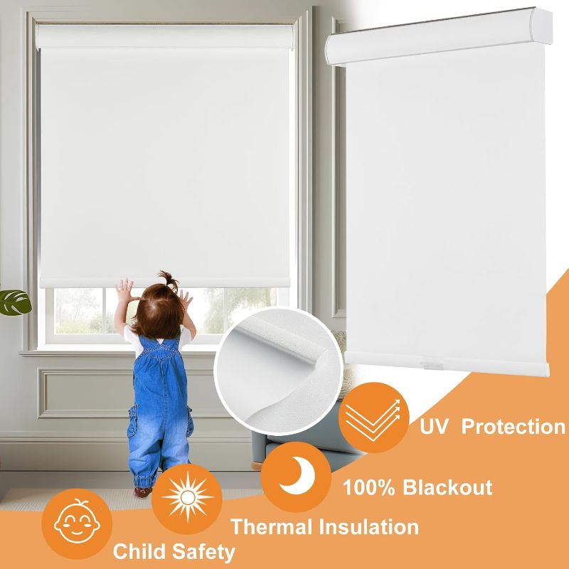 Photo 1 of Persilux Free-Stop Cordless 100% Blackout Roller Blinds for Windows, Natural Woven Fabric UV Protection Privacy Thermal Insulated Roller Shades for Windows, Bedroom, Glass Door, Cream 23" W x 72" H
