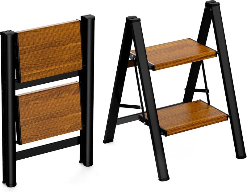 Photo 1 of HBTower 2 Step Stool,Lightweight Aluminum Folding Step Stool with Anti-Slip Wide Pedal,330lbs Capacity 2 Step Ladder for Household,Kitchen,Office - BlackWoodgrain
