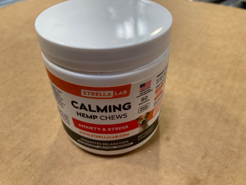 Photo 1 of exp date 03/2029-----STRELLALAB Advanced Calming Chews for Dogs - Hemp Chews + Melatonin - Anxiety Relief - Sleep Aid - Relaxing Treats - Stress Relief During Fireworks, Storms, Thunder, Barking - Made in USA - BBQ - 60Ct