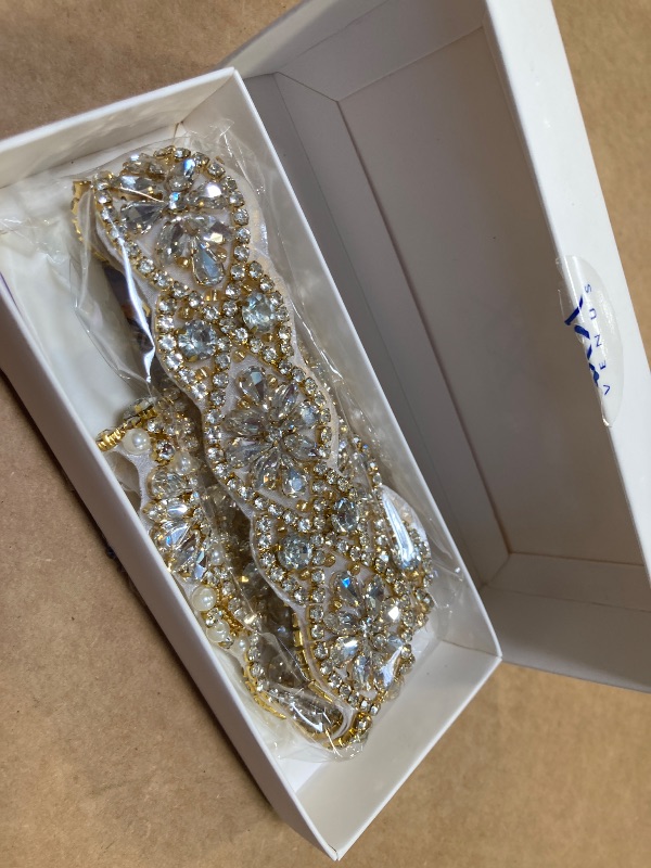 Photo 1 of Gold Rhinestone Beaded Belt Applique Sew Iron on Crystal Trim for Wedding Dress Sash Bridal Bridesmaid Gown Womens Prom Formal Clothes Bride Keepsake Gifts Jeweled Diamond Embellishments