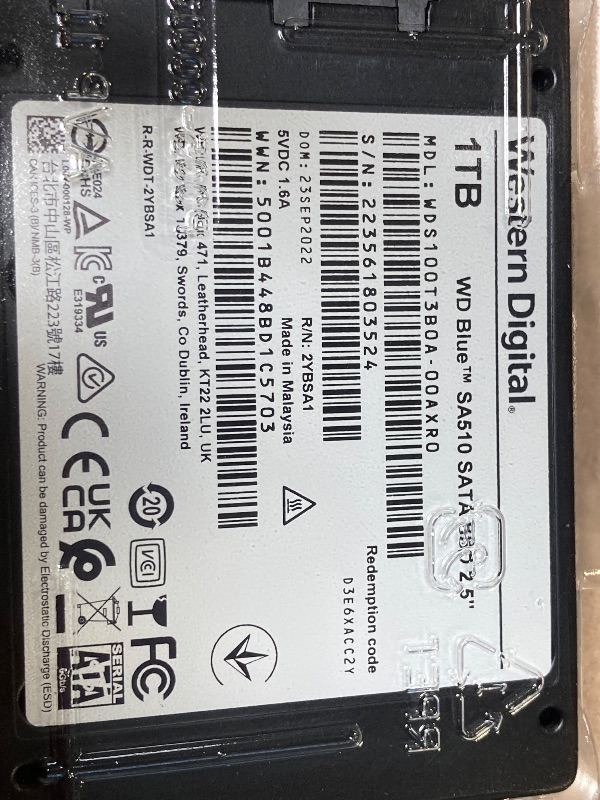 Photo 1 of Western Digital 1TB WD Blue SA510 SATA Internal Solid State Drive SSD - SATA III 6 Gb/s, 2.5"/7mm, Up to 560 MB/s - WDS100T3B0A1046850475
 