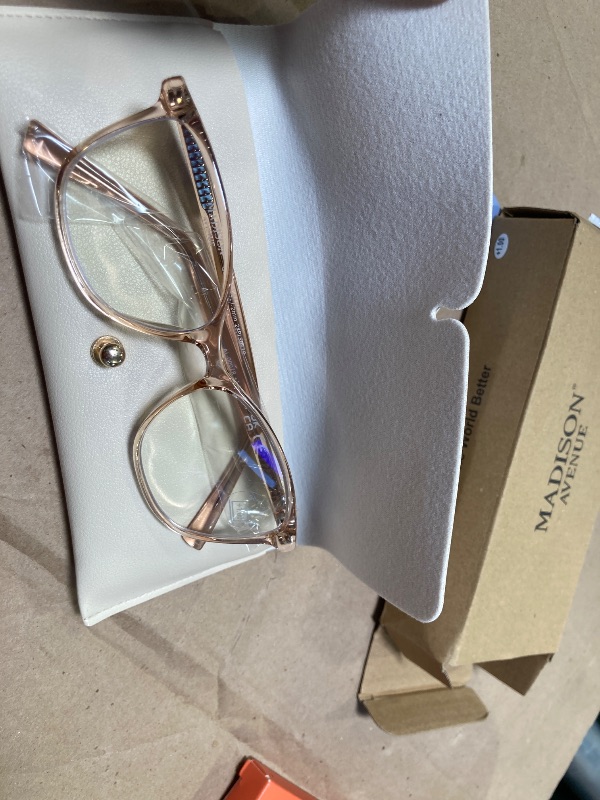 Photo 1 of Madison Avenue Square Vintage TR90 Blue Light Blocking Reading Glasses for Women with Case, Anti Glare/Eyestrain Computer Readers Transparent Brown 1.0