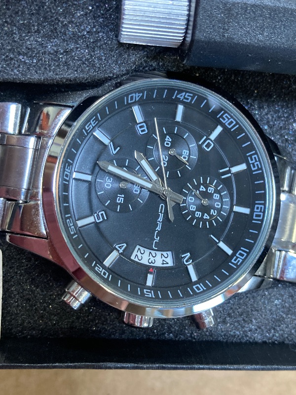 Photo 1 of CRRJU Mens Watches Fashion Business Quartz Analog Auto Date Men's Watch Blue Stainless Steel Band Waterproof Chronograph Wrist Watch for Men