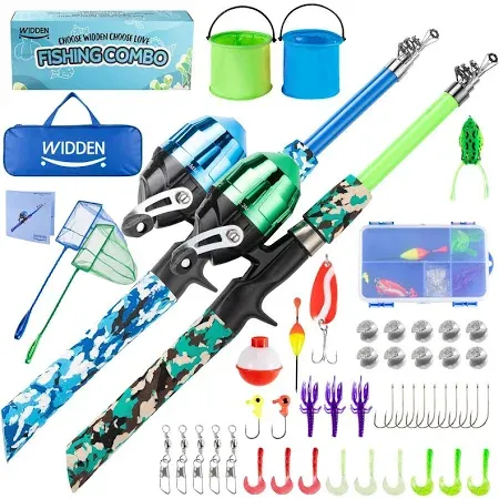 Photo 1 of WIDDEN Kids Fishing Pole, 2 Pack Kids Fishing Rod Portable Fishing Rod with Double-Layer Tackle Box, Fishing Line, Reel, Bucket, Net for Boy, Girl, Youth, Beginner 