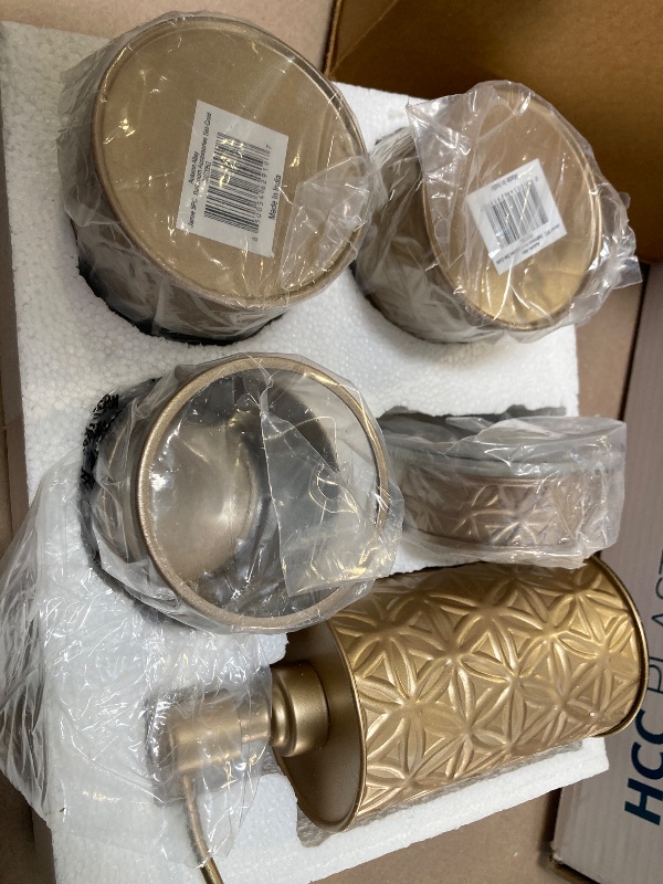 Photo 1 of Autumn Alley Brushed Gold Bathroom Accessories Set, 5 Piece Champagne Gold Modern Bathroom Decor - Soap Dispenser, Toothbrush Holder, 2 Apothecary Jars, Soap Holder, Farmhouse Bathroom Décor
