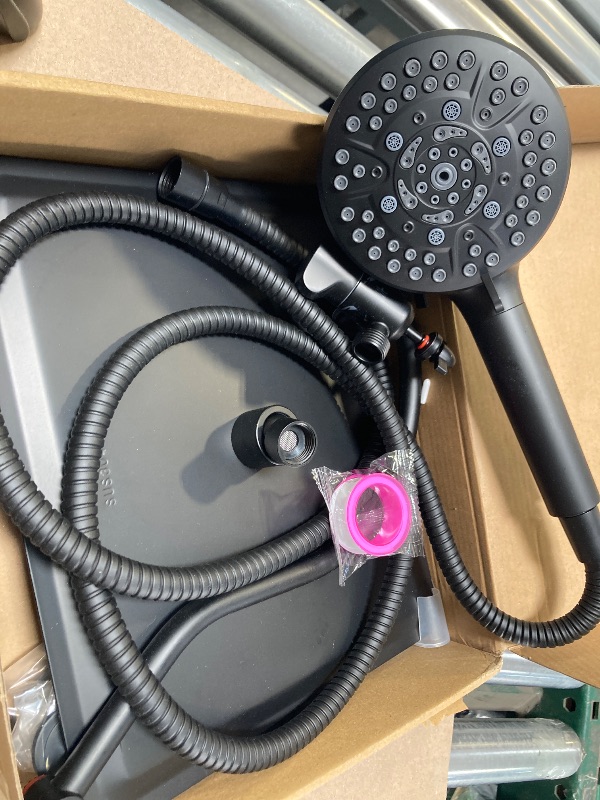 Photo 1 of Hibbent 12'' All Metal Shower Head, High Pressure Rainfall Shower Head/Handheld Showerhead Combo/ 12'' Adjustable Curved Shower Extension Arm, 7-Spray, 71'' Hose, Showerhead Holder, Matte Black
