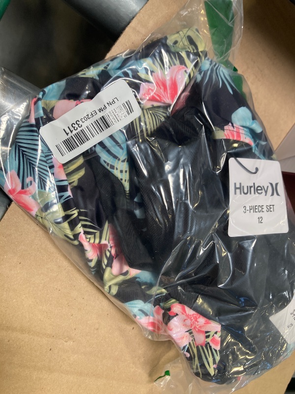 Photo 1 of size 12 Hurley Girls' Long Sleeve Rash Guard and Bikini 3-Piece Swimsuit, Black