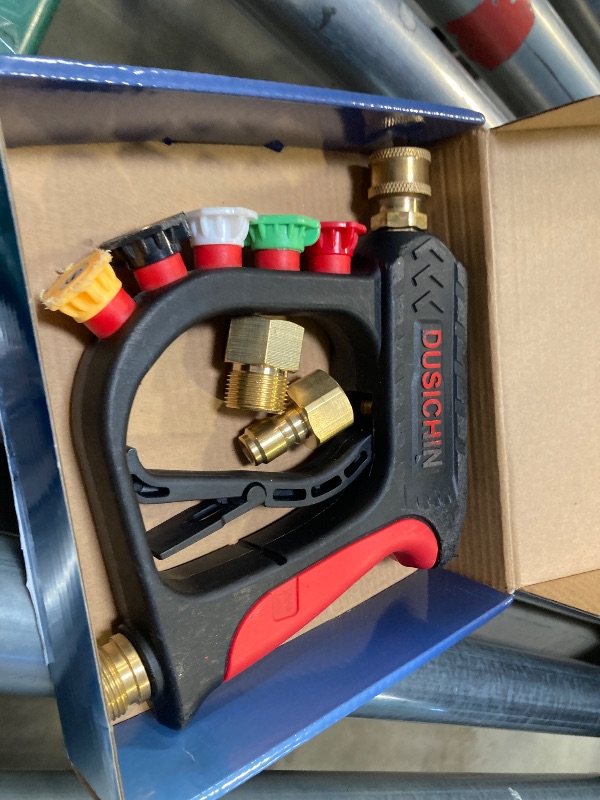 Photo 1 of DUSICHIN Pressure Washer Short Wand High Power Spray Gun 5 Nozzle Tips Car Wash Foam Gun Foam Cannon Attachment 1/4" Quick Connector Outlet,3/8'' M22-14mm M22-15mm Fitting,Not Use with Garden Hose