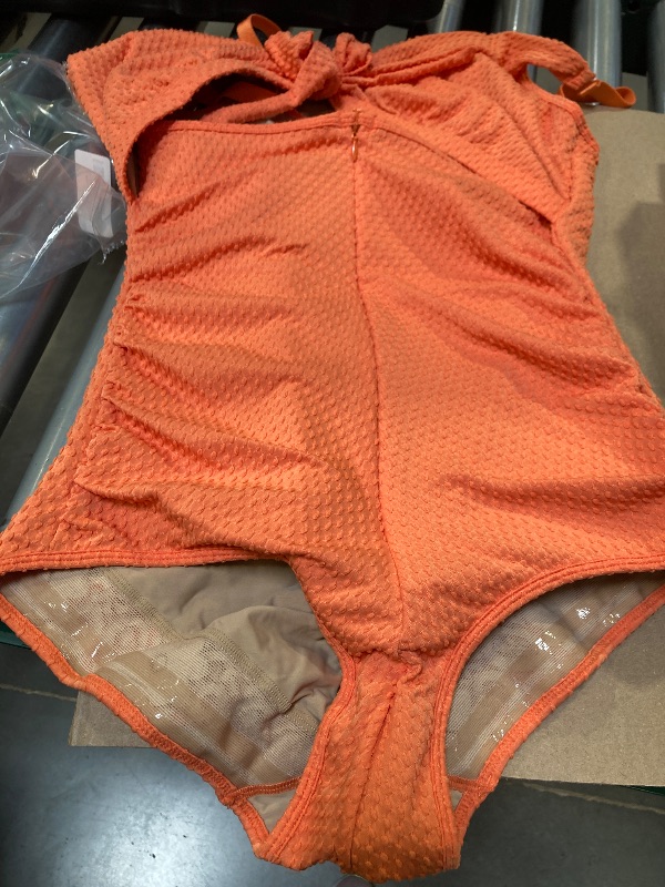 Photo 1 of L---SHAPSHE One Piece Swimsuit for Women Tummy Control Bathing Suits Tie Knot Front Cutout Adjustable Straps Ruched Swimwear Orange