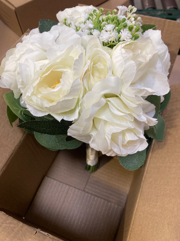 Photo 1 of DIYDOFUN Wedding Bouquets for Bride, 11 Inch Bridesmaids Bouquets Artificial Flower Bouquets for Wedding Ceremony Bridal Shower Decorations - White
