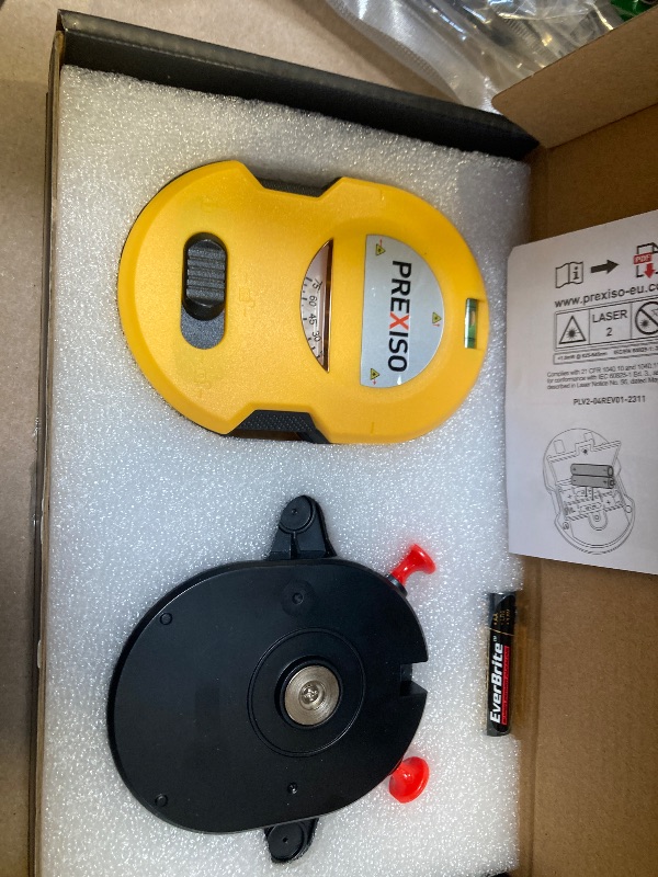 Photo 1 of PREXISO Multi Surface Laser Level LED Light Vial, 30Ft Horizontal & Vertical Line Laser with Wall Mount Base, 2 Pins, 10 Sticker, 2 AA Batteries for Hanging Frames & Picture, Construction Wall Writing 