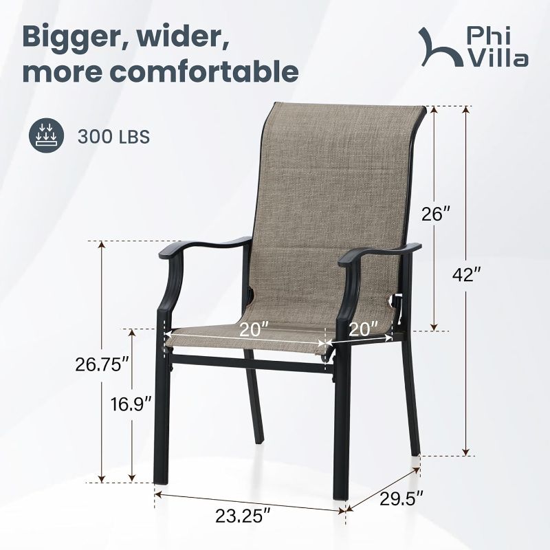 Photo 1 of PHI VILLA Outdoor Dining Chairs Set of 2, High Back Textilene Fabric Padded Armchairs with E-Coated Steel Frame for Patio, Porch, Deck, Yard
