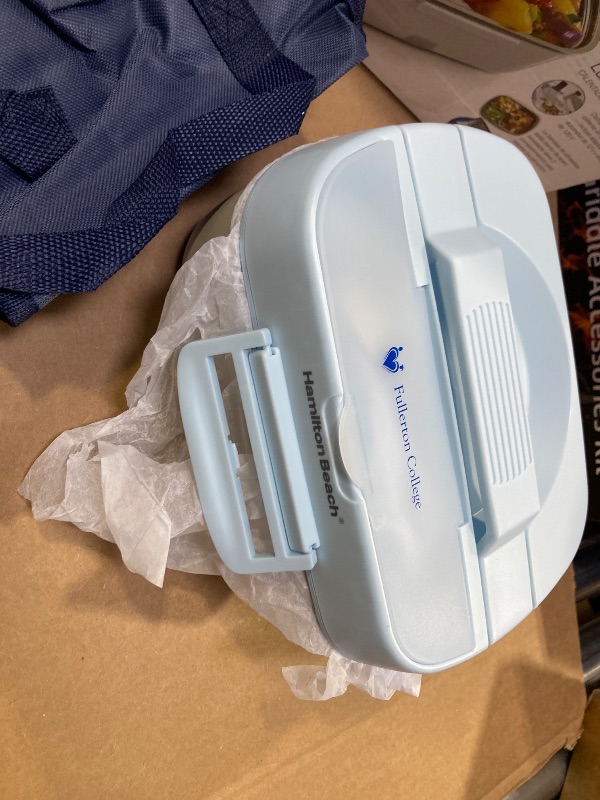 Photo 1 of Hamilton Beach Portable Electric Lunch Box Food Warmer for Office & Car with 12V Adapter, 120V Plug, Stainless Steel 3 Compartment Tray, Insulated Carrying Bag, Fork & Spoon, Blue (33105)