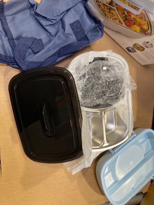 Photo 1 of Hamilton Beach Portable Electric Lunch Box Food Warmer for Office & Car with 12V Adapter, 120V Plug, Stainless Steel 3 Compartment Tray, Insulated Carrying Bag, Fork & Spoon, Blue (33105)