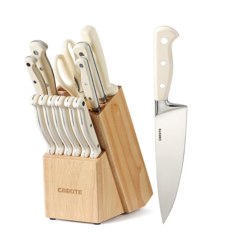 Photo 1 of 14 Pieces Knife Set with Wooden Block High Carbon Stainless Steel Knives Dishwasher Safe with Sharp Blade Ergonomic Handle Forged Triple Rivet-Pearl
