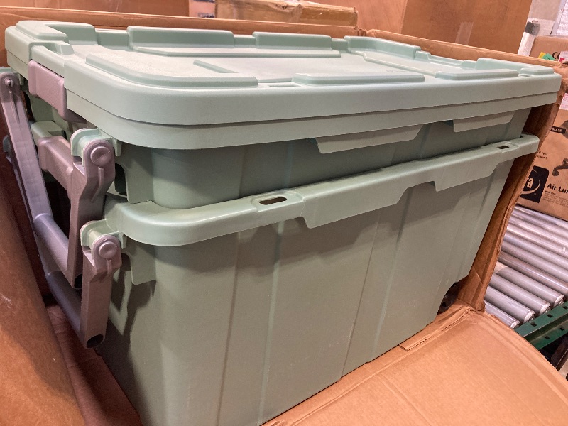 Photo 1 of Sterilite 40 Gallon Wheeled Industrial Tote Plastic Green Set of 2 Storage Box
