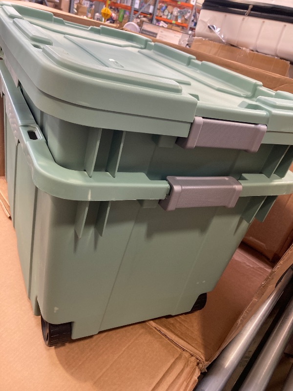 Photo 1 of Sterilite 40 Gallon Wheeled Industrial Tote Plastic Green Set of 2 Storage Box
