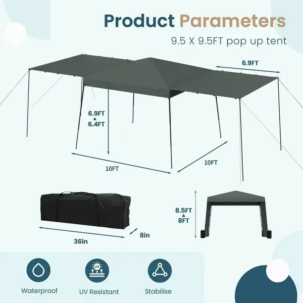 Photo 1 of Erommy 10'x10' Pop Up Canopy Tent with 2 Convertible Sidewalls, Easy up Canopy for Beach,Camping,Gray
