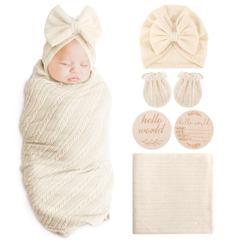 Photo 1 of AQOKKA Newborn Receiving Blanket with Bow Hat Mittens Wooden Card Set Wheat-Pattern Newborns Toddler Baby Boy Girl Nursery Swaddle Wrap