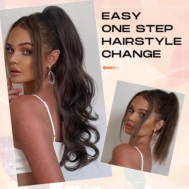 Photo 1 of SEIKEA 24" Ponytail Extension Claw, PT008 Lacie Long Curly Wavy Pony Tail Natural Soft Clip in Hair Extension Synthetic Hairpiece for Women - Dark Red Brown