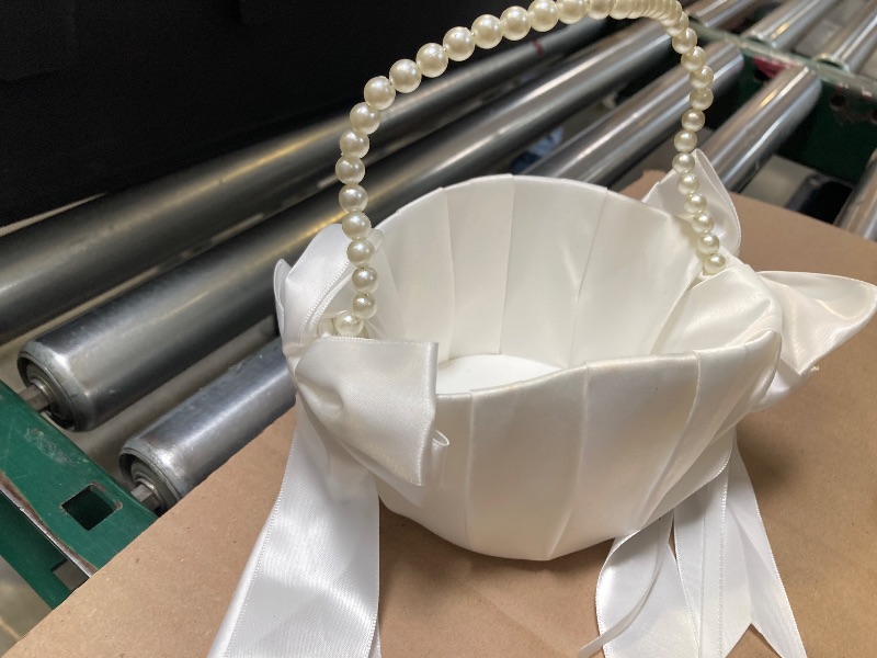 Photo 1 of 6in ATAILOVE Wedding Flower Girl Basket with Cute Pearl Handle Bowknot Satin Flower Baskets for Wedding Ceremony  