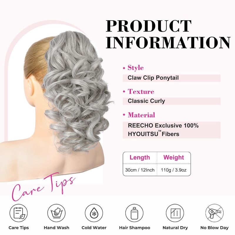 Photo 1 of REECHO 12" Ponytail Extension, Classic Loose Curly Wavy Claw Clip Pony tails Hair Extensions Hairpieces for Women - Silver Grey