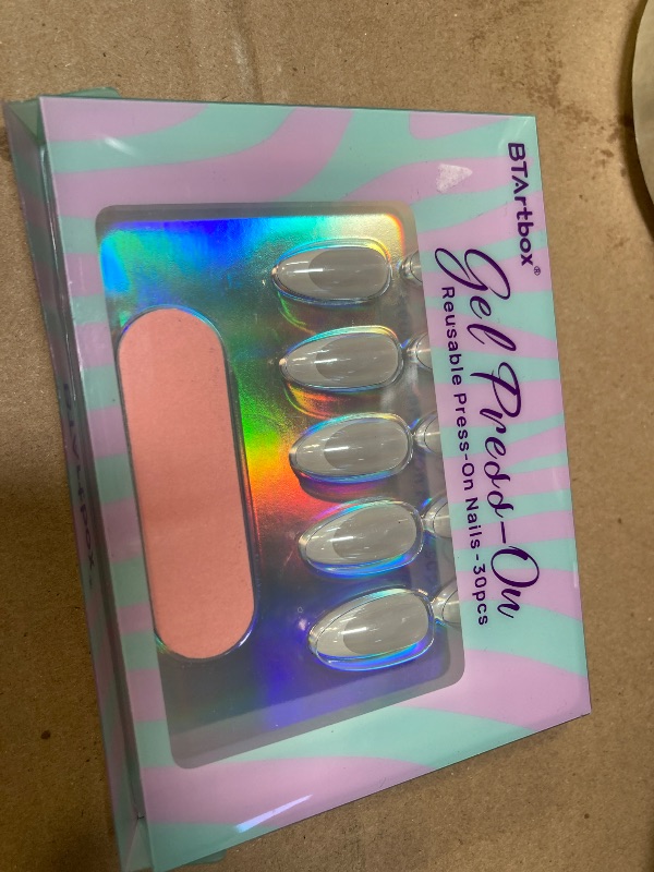Photo 1 of BTArtbox Press On Nails Almond - White French Tip Soft Gel Nails, Chrome Glue On Nails for Gifts, Natural Reusable Glazed Stick On Nails in 15 Sizes - 30 Fake Nails Kit, White Swan