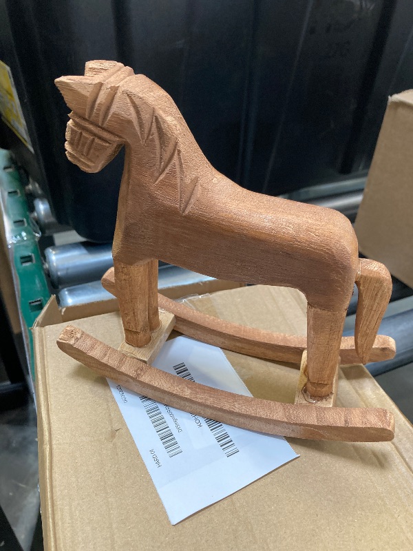 Photo 1 of Agatige Wooden Rocking Horse Decoration, Vintage Carved Wooden Horse Figurine Table Decoration Craft Home Art Furnishing Rocking Horse Decor Toy for Garden Home Office Desk 7.3x2.4x7.1 Inch